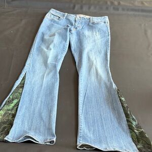 Reworked Light Blue Flare Jeans with Green Accents